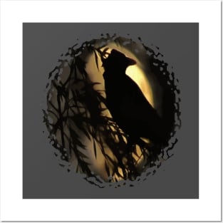 Eerie Raven Silhouette Against A Glowing Moo Posters and Art